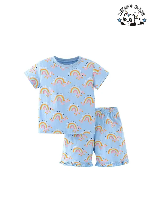 LEZONKIDS - Conjunto de Roupas de Boutique para Meninas com Preço Direto da Fábrica, 2 Peças, Azul, Impressão de Arco-íris Fofo, Personalizável OEM para Verão